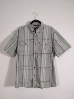 Carhartt Green Plaid Cotton Loose Fit Button Up Work Shirt Size L